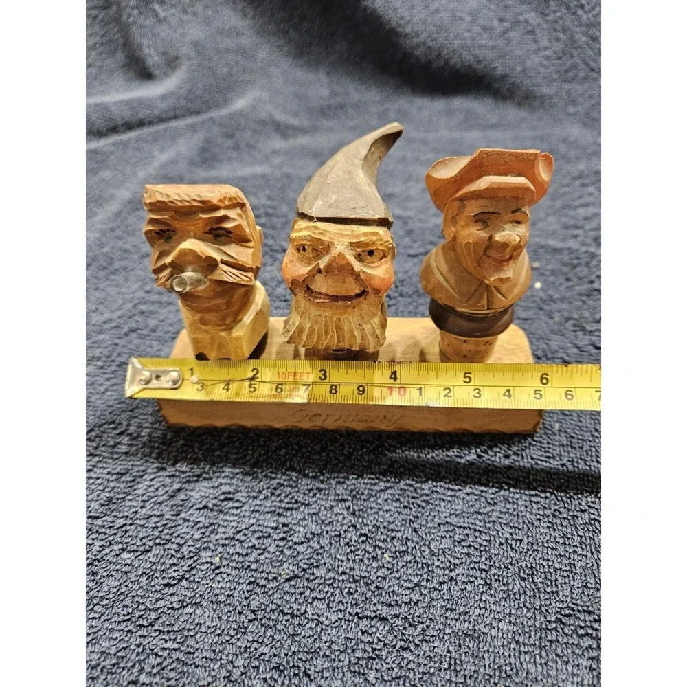 Hand Carved‎ Hand Painted Wood Bottle Toppers Set of 3 with holder Germany Vtg
